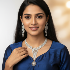 Diadeep Silver American Diamond Necklace Set for Women | Rhodium-Plated CZ Jewellery with Matching Earrings | Bridal, Party & Festive Wear Jewellery Set