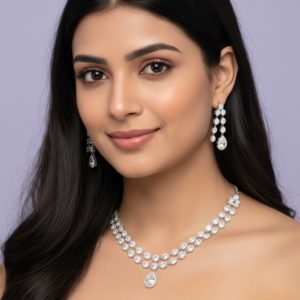 DIADEEP Rhodium-Plated White Cubic Zirconia Studded Luxe Double-Layer Necklace Set