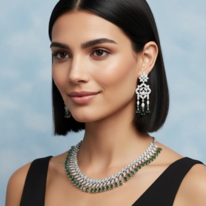 Diadeep Silver & Green American Diamond Necklace Set for Women | Rhodium-Plated CZ Necklace with Matching Earrings | Bridal, Festive & Party Wear Jewellery Set