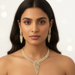 Diadeep Gold American Diamond Necklace Set for Women | Golden toned CZ Jewellery with Matching Earrings | Bridal, Party & Festive Wear Necklace Set