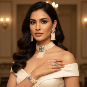 Silver-Toned American Diamond Choker Set with Pearls Full set