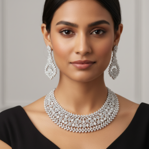 Diadeep Silver American Diamond Necklace Set for Women | Floral Design CZ Jewellery with Earrings | Rhodium-Plated Bridal & Party Wear Choker Set