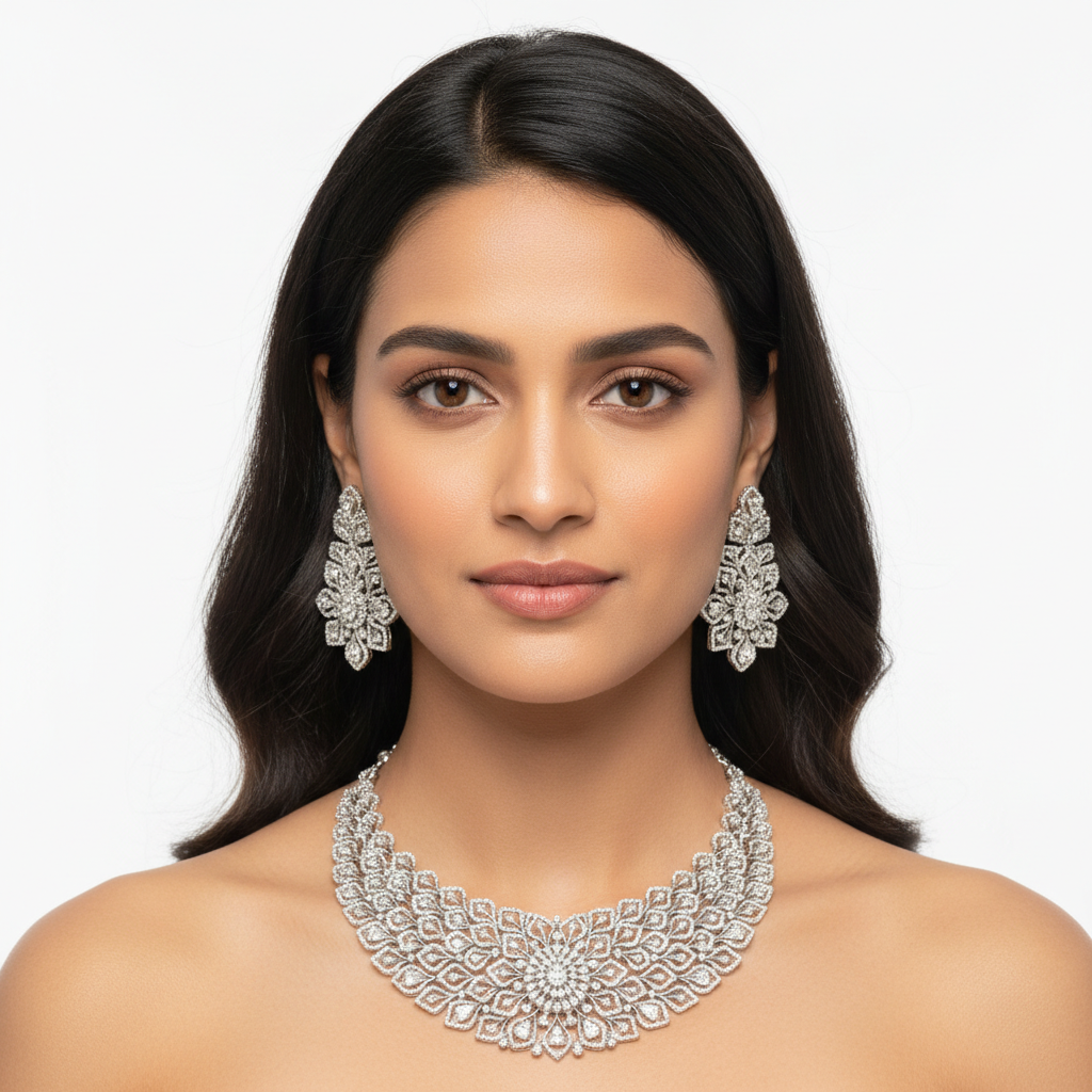 Diadeep Silver American Diamond Necklace Set for Women | Rhodium-Plated Floral Design CZ Jewellery with Earrings | Bridal, Wedding & Party Wear Jewellery Set - Image 7