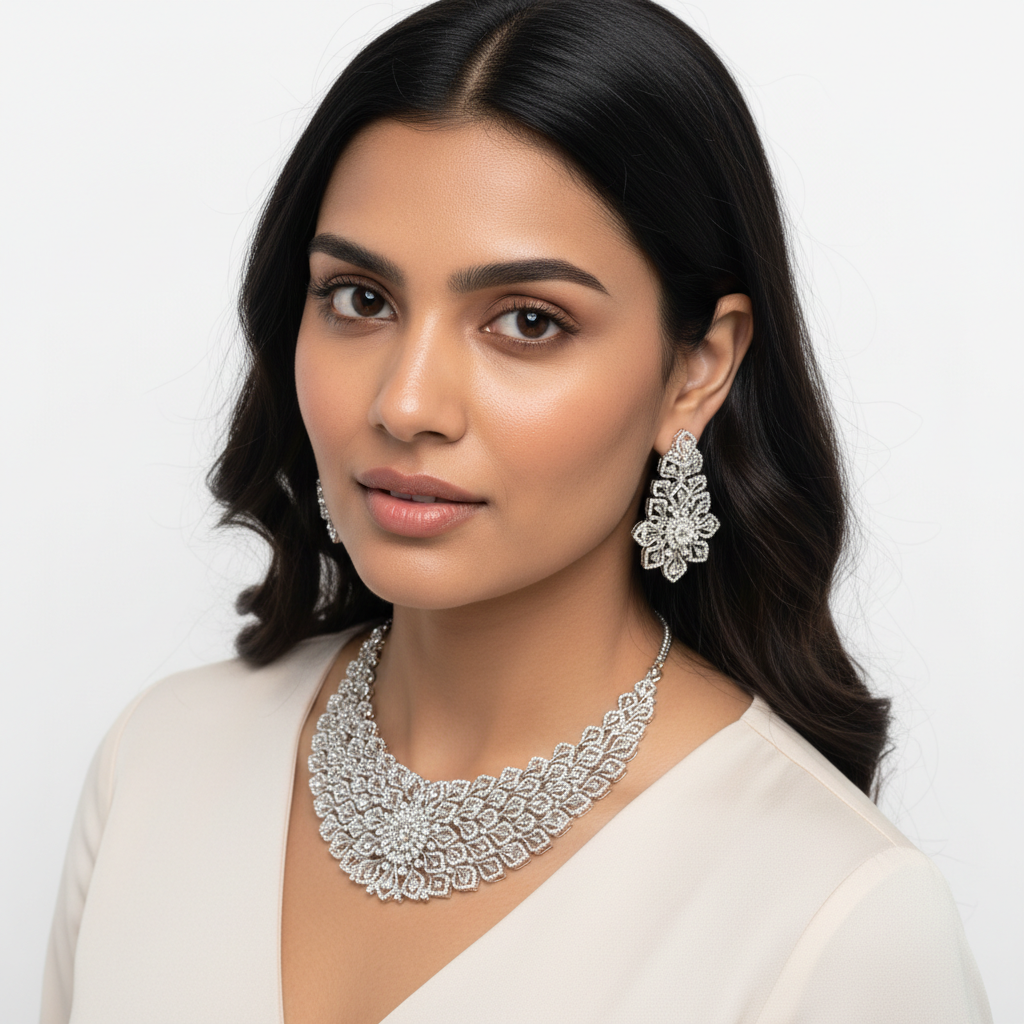 Diadeep Silver American Diamond Necklace Set for Women | Rhodium-Plated Floral Design CZ Jewellery with Earrings | Bridal, Wedding & Party Wear Jewellery Set - Image 6