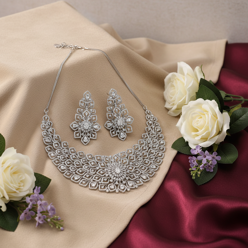 Diadeep Silver American Diamond Necklace Set for Women | Rhodium-Plated Floral Design CZ Jewellery with Earrings | Bridal, Wedding & Party Wear Jewellery Set - Image 2