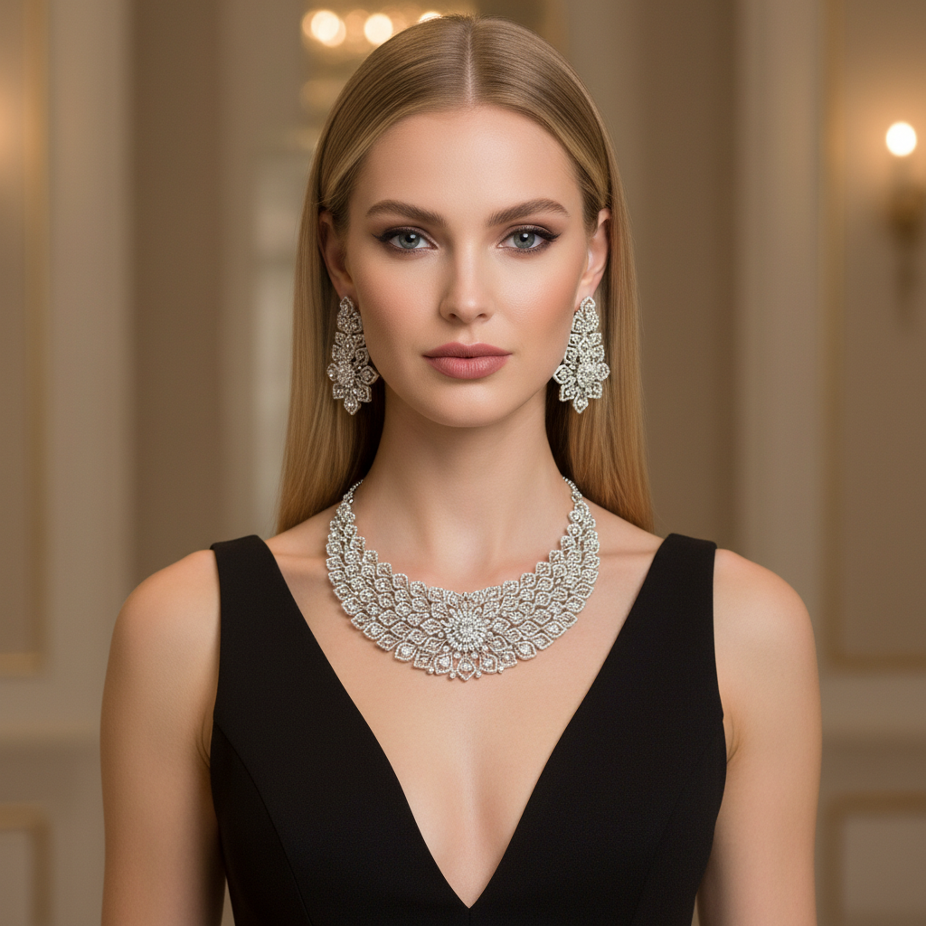 Diadeep Silver American Diamond Necklace Set for Women | Rhodium-Plated Floral Design CZ Jewellery with Earrings | Bridal, Wedding & Party Wear Jewellery Set - Image 5