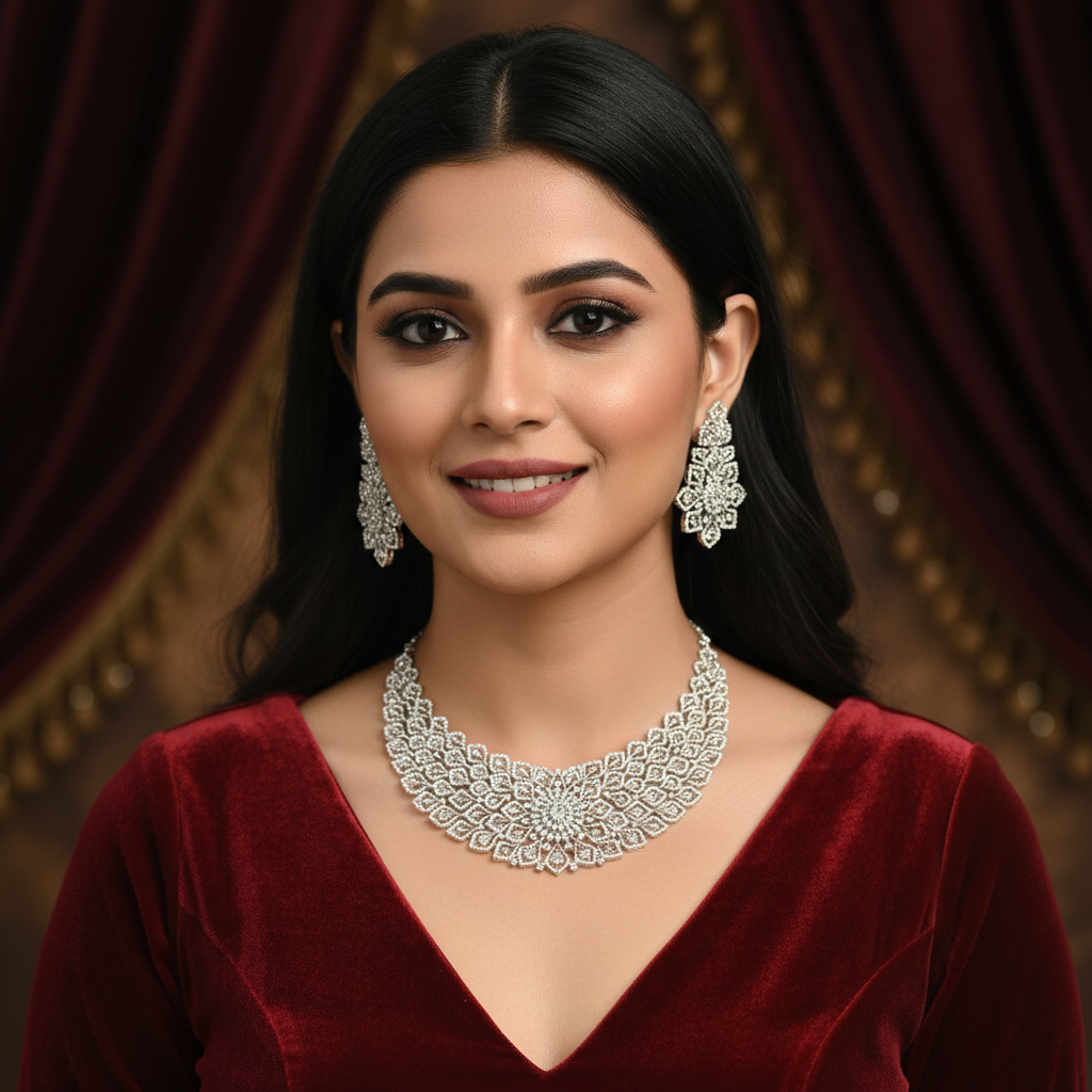 Diadeep Silver American Diamond Necklace Set for Women | Rhodium-Plated Floral Design CZ Jewellery with Earrings | Bridal, Wedding & Party Wear Jewellery Set