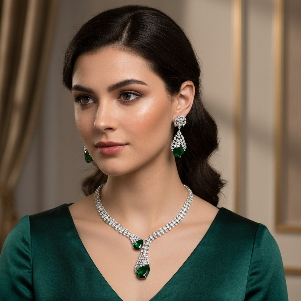 Diadeep Silver & Green American Diamond Necklace Set for Women | Rhodium-Plated CZ Jewellery with Earrings | Bridal, Party & Festive Wear Jewellery Set - Image 4