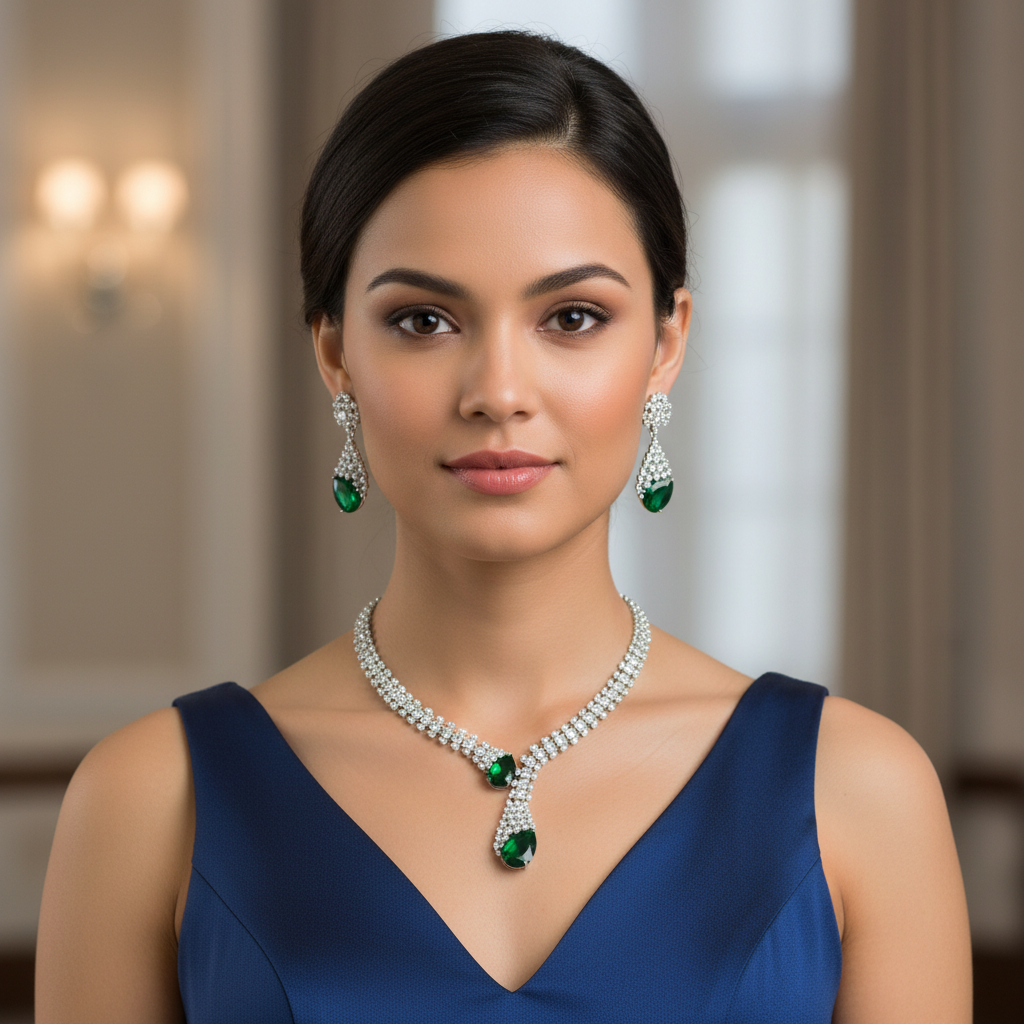 Diadeep Silver & Green American Diamond Necklace Set for Women | Rhodium-Plated CZ Jewellery with Earrings | Bridal, Party & Festive Wear Jewellery Set