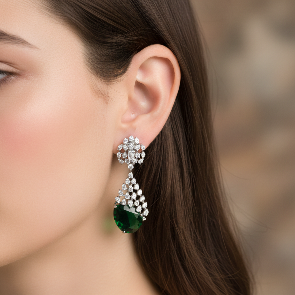 Diadeep Silver & Green American Diamond Necklace Set for Women | Rhodium-Plated CZ Jewellery with Earrings | Bridal, Party & Festive Wear Jewellery Set - Image 5