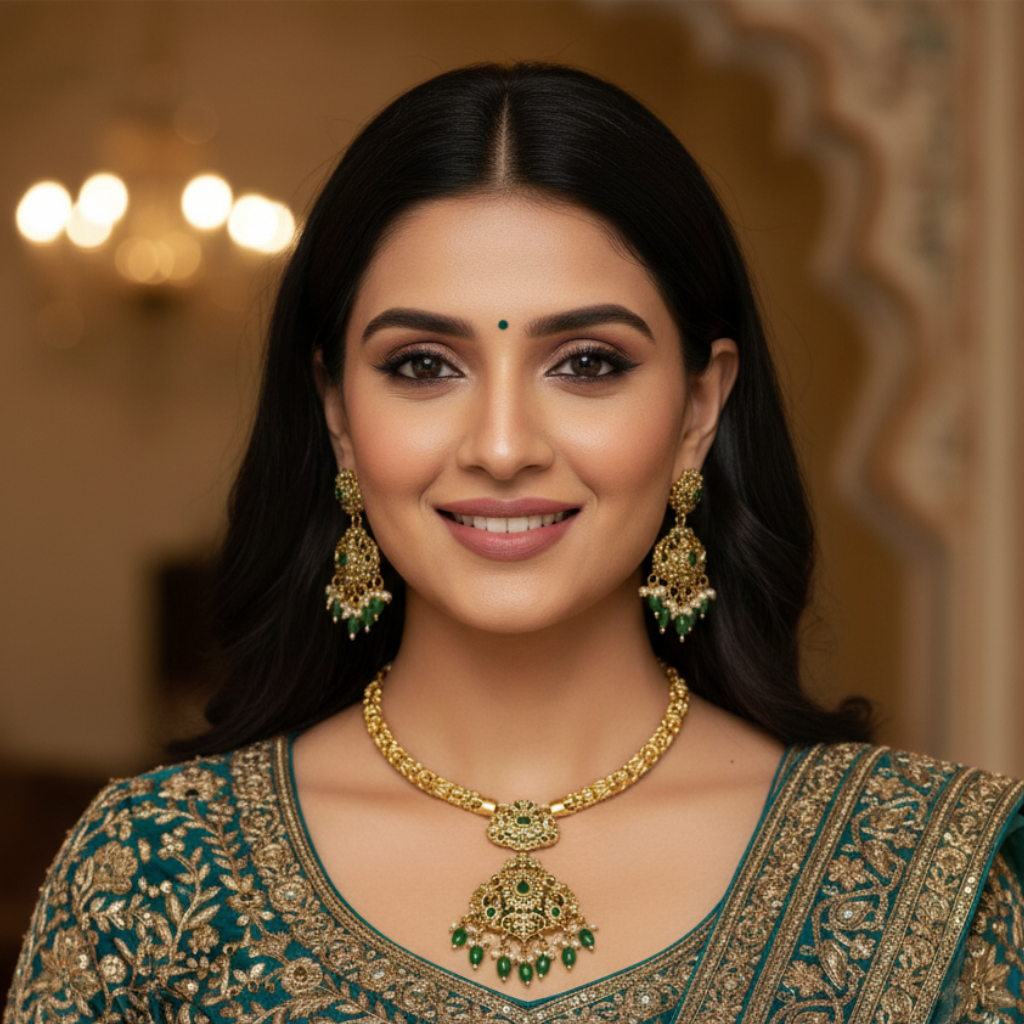 Diadeep Traditional Temple Jewellery Gold-Plated Green & White Stone Necklace Set for Women | Handcrafted Antique Jewellery with Matching Jhumka Earrings | Bridal & Festive Wear | Imitation Jewellery India