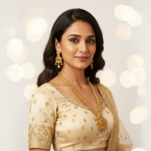 Diadeep Antique Gold-Plated Temple Jewellery Set for Women | South Indian Bridal Long Haram Necklace with Kundan & Beads | Handcrafted Traditional Necklace Set with Earrings | Imitation Jewellery India