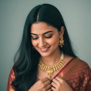 Diadeep Antique Temple Jewellery Gold-Plated Lakshmi Necklace Set for Women | Traditional South Indian Bridal Jewellery with Ruby & Green Stones | Handcrafted Temple Necklace with Jhumka Earrings | Imitation Jewellery India