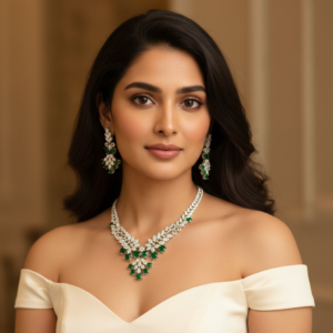Diadeep Silver & Green American Diamond Necklace Set for Women | Rhodium-Plated CZ Necklace with Matching Earrings | Bridal, Party & Festive Wear Jewellery