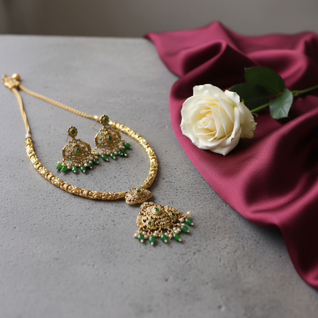 Diadeep Traditional Temple Jewellery Gold-Plated Green & White Stone Necklace Set for Women | Handcrafted Antique Jewellery with Matching Jhumka Earrings | Bridal & Festive Wear | Imitation Jewellery India - Image 2